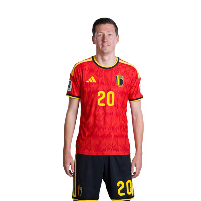 Belgisch nationaal voetbalelftal – WK-shirt 2026 (spelersversie/wedstrijdversie) — Middenvelders: nr. 19 Diego MOREIRA, nr. 20 Hans VANAKEN, nr. 22 Alexis SAELEMAEKERS