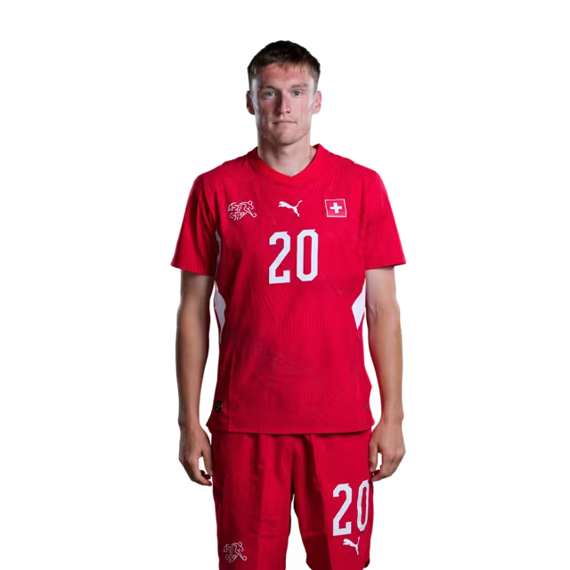 Schweizer Fußballnationalmannschaftstrikot 2026 (Spielerversion/Spielversion) — Mittelfeldspieler: Nr. 20 Michel Aebischer, Nr. 22 Fabian Rieder