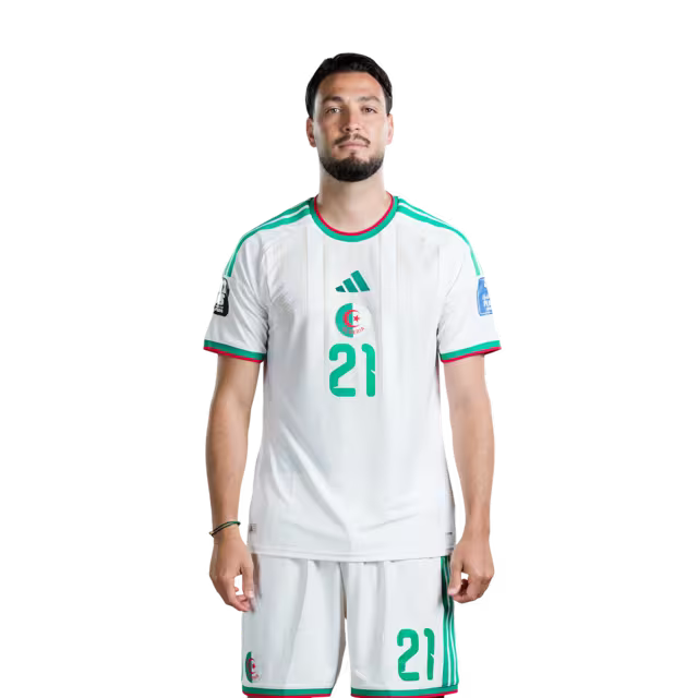قميص منتخب الجزائر لكرة القدم لكأس العالم 2026 (نسخة اللاعب/نسخة المباراة) - المدافعون: رقم 17 رفيق بلغالي، رقم 21 رامي بن سبعيني، رقم 26 سمير شرقي
