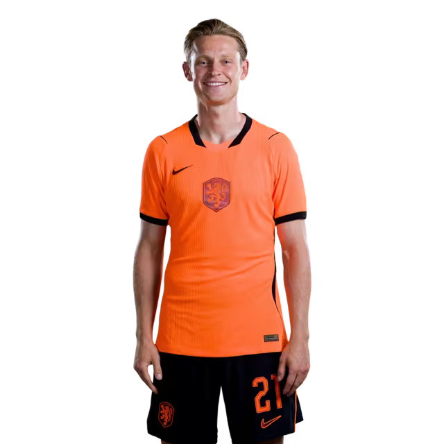 Nederlands elftal WK-shirt 2026 (spelersversie/wedstrijdversie) — Middenvelders: nr. 21 Frenkie de Jong, nr. 26 Quinten Timber