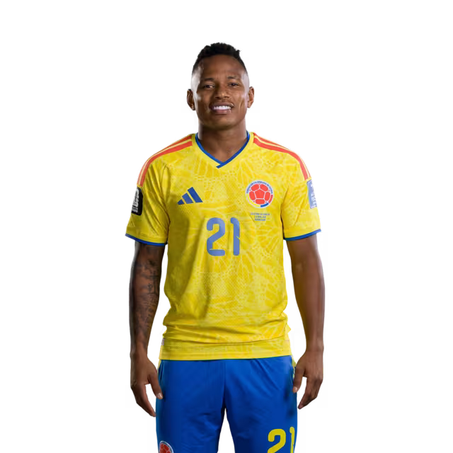 Camiseta de la Selección Nacional de Fútbol de Colombia para el Mundial 2026 (Versión jugador/Versión partido) — Delanteros: N.º 21 Jaminton CAMPAZ, N.º 25 Luis SUÁREZ, N.º 26 Andrés GÓMEZ