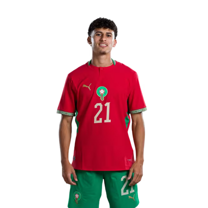 قميص المنتخب المغربي لكرة القدم لكأس العالم 2026 (نسخة اللاعبين/نسخة المباريات) — المهاجمون: رقم 20 أيوب الكعبي، رقم 21 أيوب أميموني.