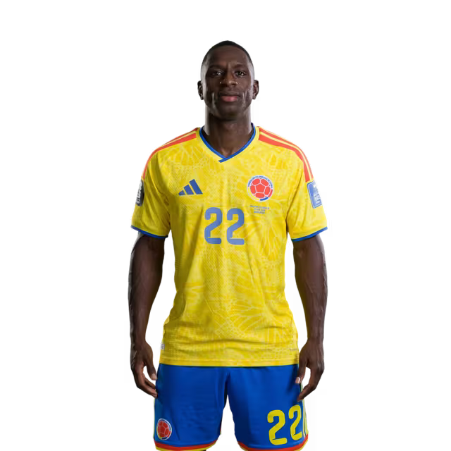 Camiseta de la Selección Nacional de Fútbol de Colombia para el Mundial 2026 (Versión jugador/Versión partido) — Defensas: N.º 18 Willer DITTA, N.º 22 Deiver MACHADO, N.º 23 Davinson SÁNCHEZ