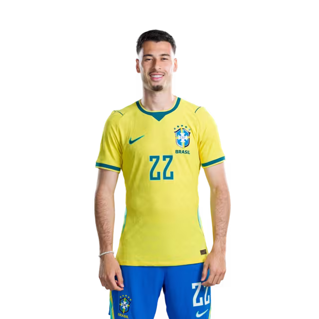 Camisa da Seleção Brasileira para a Copa do Mundo de 2026 (Versão Jogador/Versão de Jogo) — Atacantes: Nº 22 GABRIEL MARTINELLI, Nº 25 IGOR THIAGO, Nº 26 RAYAN