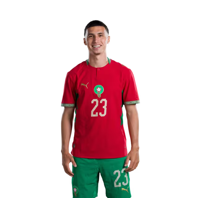 قميص منتخب المغرب لكرة القدم لكأس العالم 2026 (نسخة اللاعب/نسخة المباراة) - لاعبو الوسط: رقم 16 جسيم ياسين، رقم 23 بلال الخنوس، رقم 24 نيل العيناوي