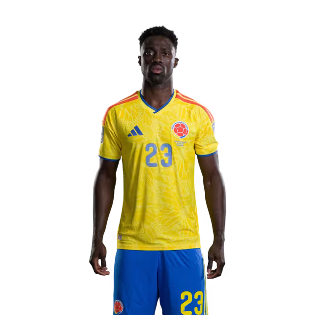 Camiseta de la Selección Nacional de Fútbol de Colombia para el Mundial 2026 (Versión jugador/Versión partido) — Defensas: N.º 18 Willer DITTA, N.º 22 Deiver MACHADO, N.º 23 Davinson SÁNCHEZ