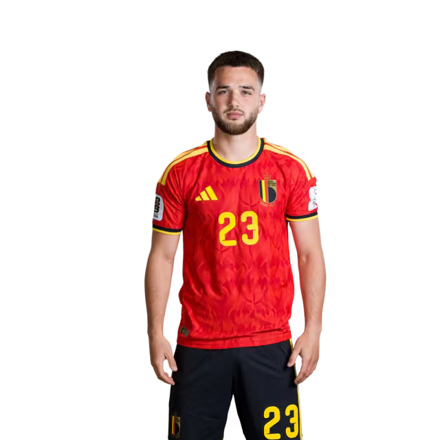 Belgisch nationaal voetbalelftal – WK-shirt 2026 (spelersversie/wedstrijdversie) — Middenvelders: nr. 23 Nicolas RASKIN, nr. 24 Amadou ONANA