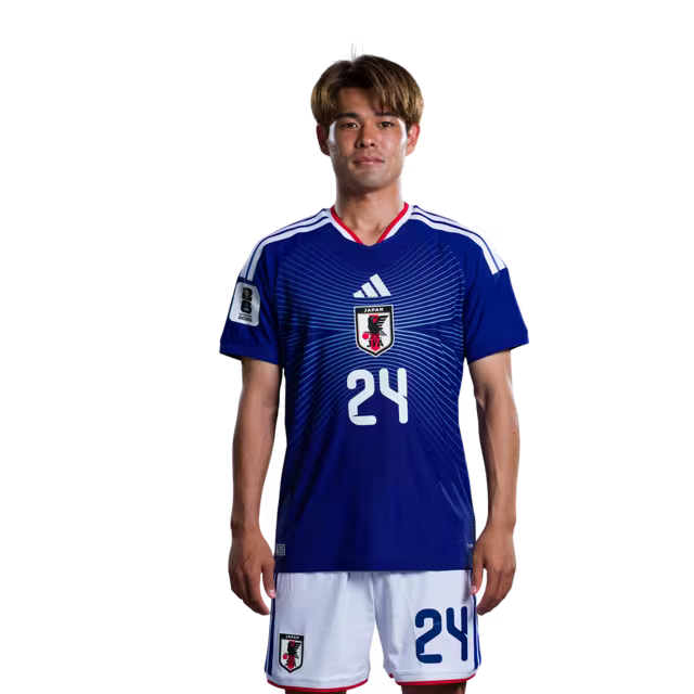 サッカー日本代表 2026年ワールドカップ用ユニフォーム（選手仕様／マッチモデル） — MF：No.15 鎌田大地、No.17 鈴木唯人、No.24 佐野海舟