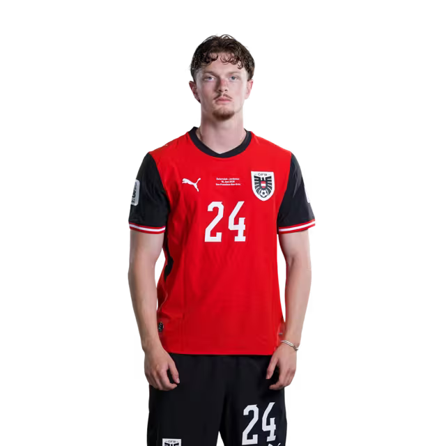 Österreichisches Nationalmannschaftstrikot für die WM 2026 (Spielerversion/Match-Version) – Mittelfeldspieler: Nr. 24 Paul WANNER, Nr. 26 Alessandro SCHÖPF