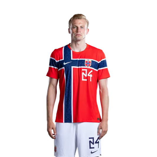 Norway National Football Team 2026 World Cup Jersey (Player Version/Match Version) — Defenders: No. 24 Sondre Langas, No. 25 Henrik Falchener / Forsvarere: Nr. 24 Sondre LANGAS, nr. 25 Henrik FALCHENER