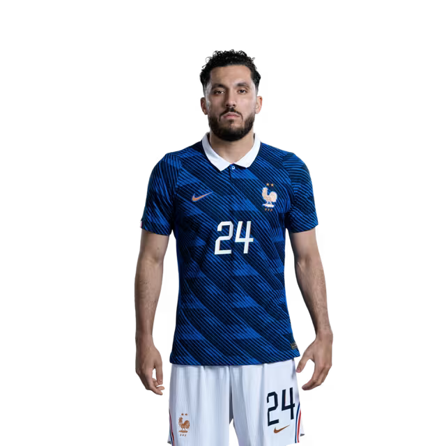 Maillot de l'équipe de France de football pour la Coupe du Monde 2026 (Version joueur/Version match) — Milieux de terrain : n° 14 Adrien RABIOT, n° 18 Warren ZAÏRE-EMERY, n° 24 Rayan CHERKI, n° 25 Maghnes AKLIOUCHE