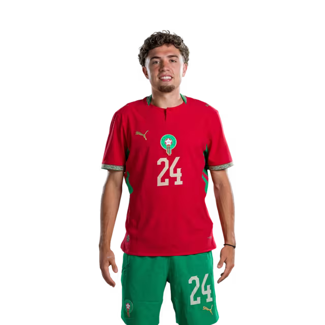 قميص منتخب المغرب لكرة القدم لكأس العالم 2026 (نسخة اللاعب/نسخة المباراة) - لاعبو الوسط: رقم 16 جسيم ياسين، رقم 23 بلال الخنوس، رقم 24 نيل العيناوي