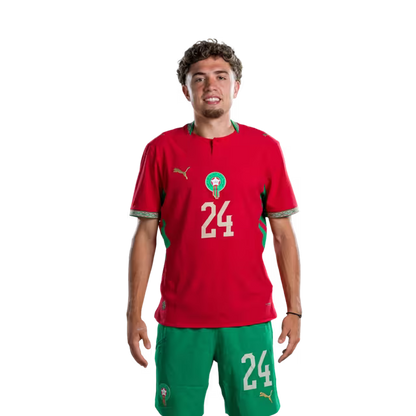 قميص منتخب المغرب لكرة القدم لكأس العالم 2026 (نسخة اللاعب/نسخة المباراة) - لاعبو الوسط: رقم 16 جسيم ياسين، رقم 23 بلال الخنوس، رقم 24 نيل العيناوي