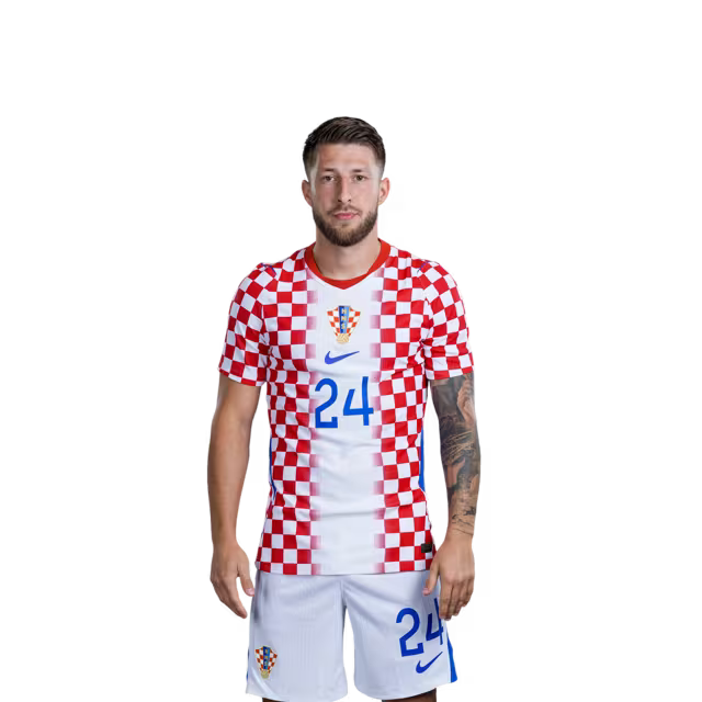 Dres hrvatske nogometne reprezentacije za Svjetsko prvenstvo 2026. (verzija za igrača/verzija za utakmicu) — Napadači: Br. 20 Igor MATANOVIĆ, Br. 24 Marco PASALIĆ, Br. 26 Petar Musa