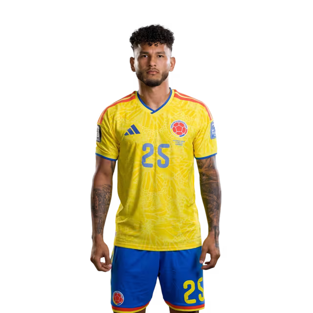 Camiseta de la Selección Nacional de Fútbol de Colombia para el Mundial 2026 (Versión jugador/Versión partido) — Delanteros: N.º 21 Jaminton CAMPAZ, N.º 25 Luis SUÁREZ, N.º 26 Andrés GÓMEZ