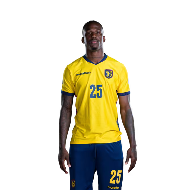 Camiseta de la Selección Nacional de Fútbol de Ecuador para el Mundial 2026 (Versión de jugador/Versión de partido) — Defensores: N.° 25 Jackson POROZO, N.° 26 Yaimar MEDINA