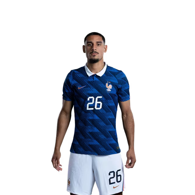 Maillot de l'équipe de France de football pour la Coupe du Monde 2026 (Version joueur/Version match) — Défenseurs : n° 19 Theo Hernandez, n° 21 Lucas Hernandez, n° 26 Maxence Lacroix