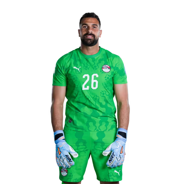 قميص المنتخب المصري لكرة القدم لكأس العالم 2026 (نسخة اللاعبين/نسخة المباريات) — حراس المرمى: رقم 1 محمد الشناوي، رقم 16 المهدي سليمان، رقم 23 مصطفى شوبير، رقم 26 محمد علاء.