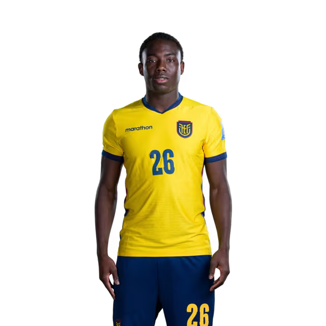 Camiseta de la Selección Nacional de Fútbol de Ecuador para el Mundial 2026 (Versión de jugador/Versión de partido) — Defensores: N.° 25 Jackson POROZO, N.° 26 Yaimar MEDINA