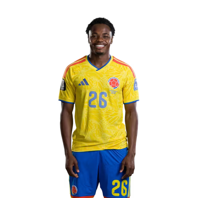 Camiseta de la Selección Nacional de Fútbol de Colombia para el Mundial 2026 (Versión jugador/Versión partido) — Delanteros: N.º 21 Jaminton CAMPAZ, N.º 25 Luis SUÁREZ, N.º 26 Andrés GÓMEZ