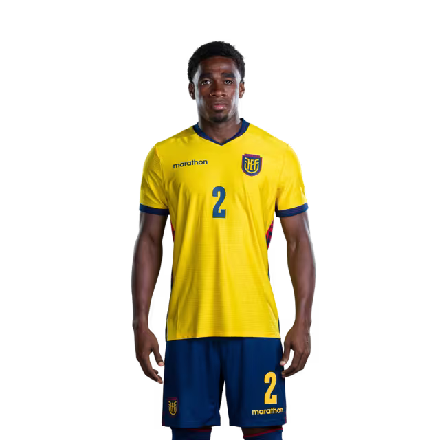 Camiseta de la Selección Nacional de Fútbol de Ecuador para el Mundial 2026 (Versión de jugador/Versión de partido) — Defensas: N.° 2 Félix Torres, N.° 3 Piero Hincapie, N.° 4 Joel Ordónez
