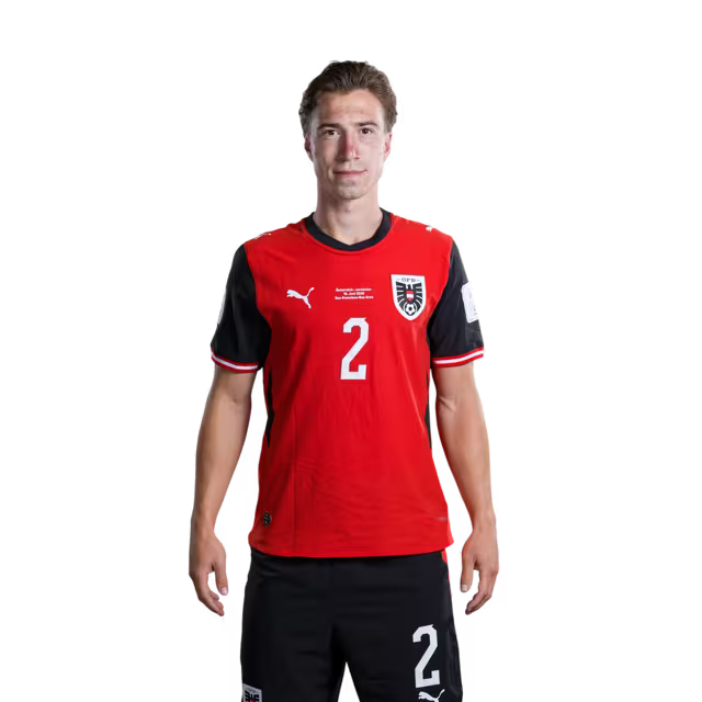 Österreichisches Nationalmannschaftstrikot für die WM 2026 (Spielerversion/Match-Version) – Abwehrspieler: Nr. 2 David Affengruber, Nr. 3 Kevin Danso, Nr. 5 Stefan Posch