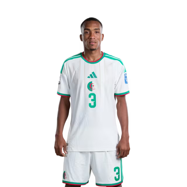 قميص المنتخب الجزائري لكرة القدم لكأس العالم 2026 (نسخة اللاعبين/نسخة المباريات) - المدافعون: رقم 2 عيسى مندي، رقم 3 أشرف عبادة، رقم 4 محمد أمين توغاي