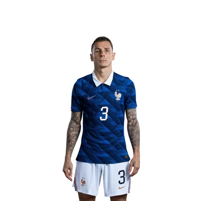 Maillot de l'équipe de France de football pour la Coupe du Monde 2026 (Version joueur/Version match) — Défenseurs : n° 2 Malo Gusto, n° 3 Lucas Digne, n° 4 Dayot Upamecano