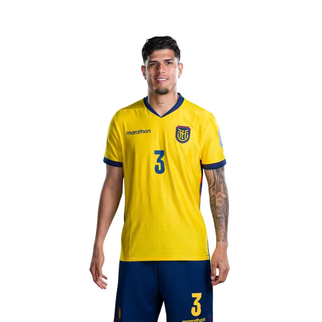 Camiseta de la Selección Nacional de Fútbol de Ecuador para el Mundial 2026 (Versión de jugador/Versión de partido) — Defensas: N.° 2 Félix Torres, N.° 3 Piero Hincapie, N.° 4 Joel Ordónez