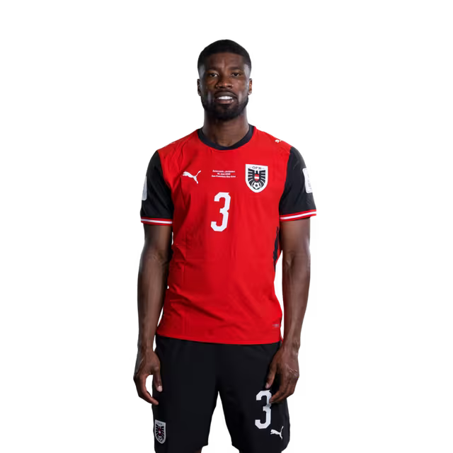 Österreichisches Nationalmannschaftstrikot für die WM 2026 (Spielerversion/Match-Version) – Abwehrspieler: Nr. 2 David Affengruber, Nr. 3 Kevin Danso, Nr. 5 Stefan Posch