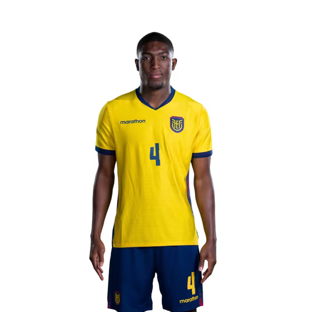 Camiseta de la Selección Nacional de Fútbol de Ecuador para el Mundial 2026 (Versión de jugador/Versión de partido) — Defensas: N.° 2 Félix Torres, N.° 3 Piero Hincapie, N.° 4 Joel Ordónez