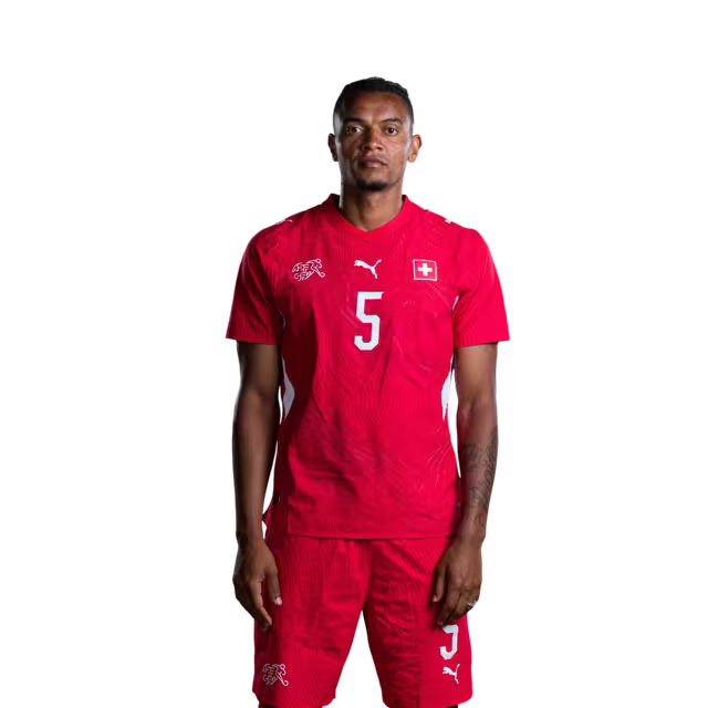 Schweizer Fußballnationalmannschaftstrikot 2026 (Spielerversion/Spielversion) — Verteidiger: Nr. 5 Manuel Akanji, Nr. 13 Ricardo Rodriguez, Nr. 18 Eray Coemert