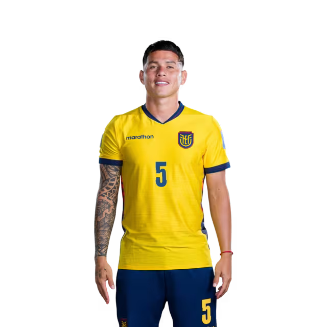 Camiseta de la Selección Nacional de Fútbol de Ecuador para el Mundial 2026 (Versión de jugador/Versión de partido) — Centrocampistas: N.° 5 Jordy ALCIVAR, N.° 8 Anthony VALENCIA, N.° 10 Kendry PAEZ