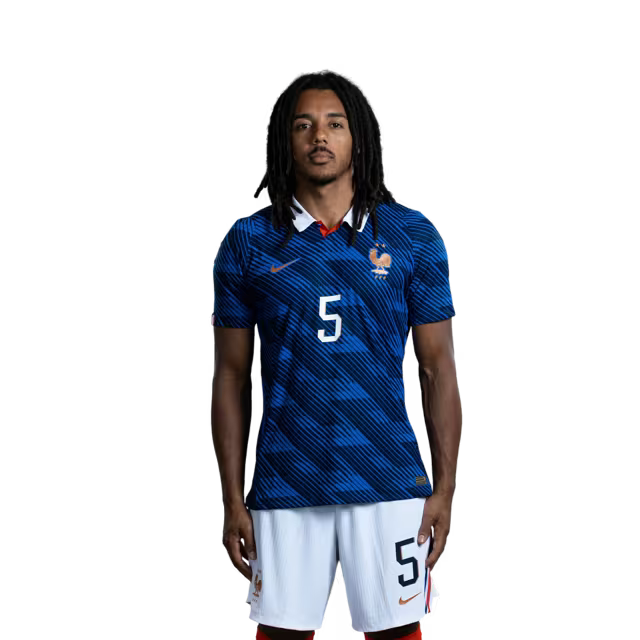 Maillot de l'équipe de France de football pour la Coupe du Monde 2026 (Version joueur/Version match) — Défenseurs : n° 5 Jules KOUNDÉ, n° 15 Ibrahima KONATÉ, n° 17 William SALIBA