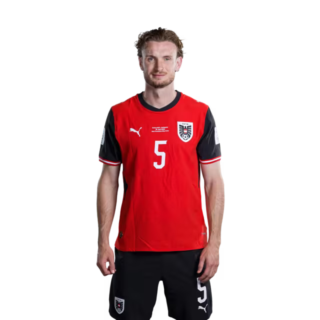 Österreichisches Nationalmannschaftstrikot für die WM 2026 (Spielerversion/Match-Version) – Abwehrspieler: Nr. 2 David Affengruber, Nr. 3 Kevin Danso, Nr. 5 Stefan Posch