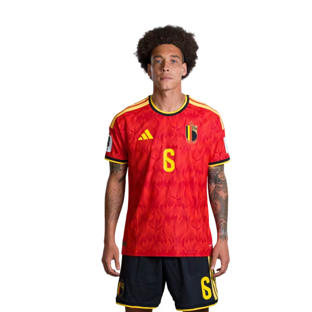 Belgisch nationaal voetbalelftal – WK-shirt 2026 (spelersversie/wedstrijdversie) — Middenvelders: nr. 6 Axel Witsel, nr. 7 Kevin De Bruyne, nr. 8 Youri Tielemans