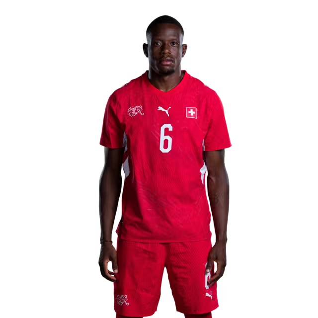 Schweizer Fußballnationalmannschaftstrikot 2026 (Spielerversion/Spielversion) — Mittelfeldspieler: Nr. 6 Denis Zakaria, Nr. 8 Remo Freuder, Nr. 9 Johan Manzambi