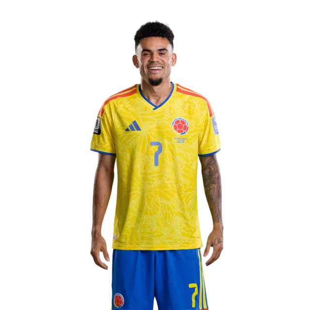 Camiseta de la Selección Nacional de Fútbol de Colombia para el Mundial 2026 (Versión jugador/Versión partido) — Delanteros: N.º 7 Luis Díaz, N.º 9 Jhon Córdoba, N.º 19 Cucho Hernández.