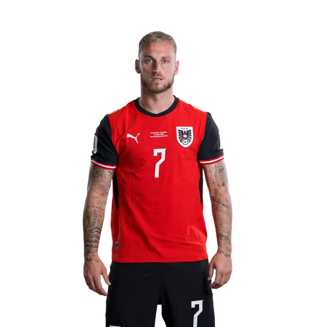 Österreichisches Nationalmannschaftstrikot für die WM 2026 (Spielerversion/Match-Version) – Angreifer: Nr. 7 Marko ARNAUTOVIC, Nr. 11 Michael Gregoritsch, Nr. 14 Sasa KALAJDZIC, Nr. 21 Patrick WIMMER