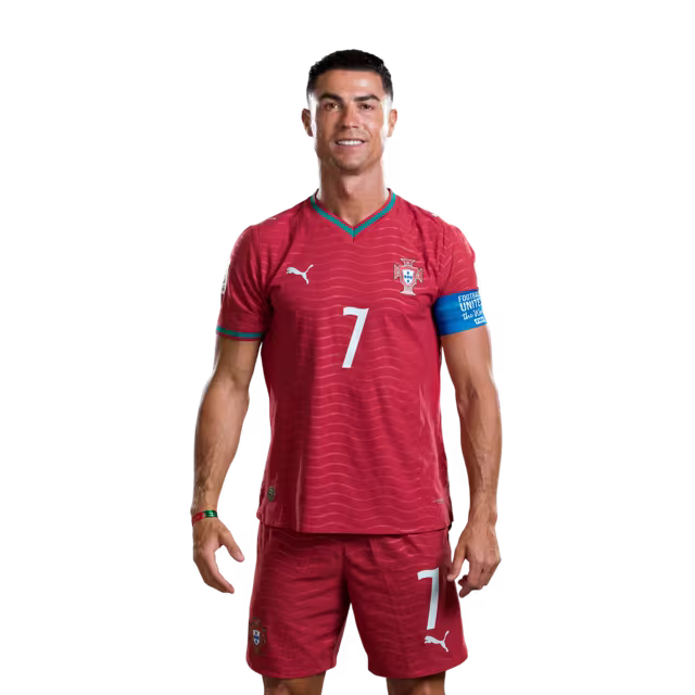 Camisola da Seleção Portuguesa de Futebol para o Mundial 2026 (versão de jogador/versão de jogo) - Avançados: Nº 7 CRISTIANO RONALDO, Nº 9 GONCALO RAMOS, Nº 11 JOAO FELIX