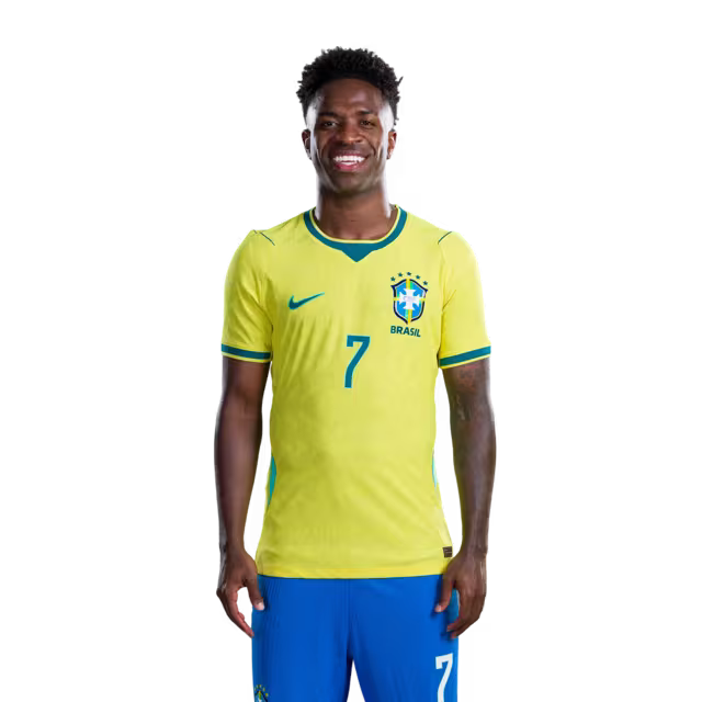 Camisa da Seleção Brasileira para a Copa do Mundo de 2026 (Versão Jogador/Versão de Jogo) — Atacantes: Nº 7 VINICIUS JUNIOR, Nº 9 MATHEUS CUNHA, Nº 10 NEYMAR JR
