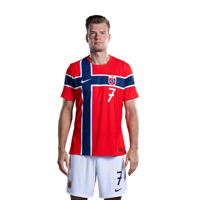 Norges landslag i fotball VM-drakt 2026 (spillerversjon/kampversjon) — Spisser: Nr. 7 Alexander SØRLOTH, nr. 9 Erling HAALAND, nr. 11 Jørgen STRAND LARSEN