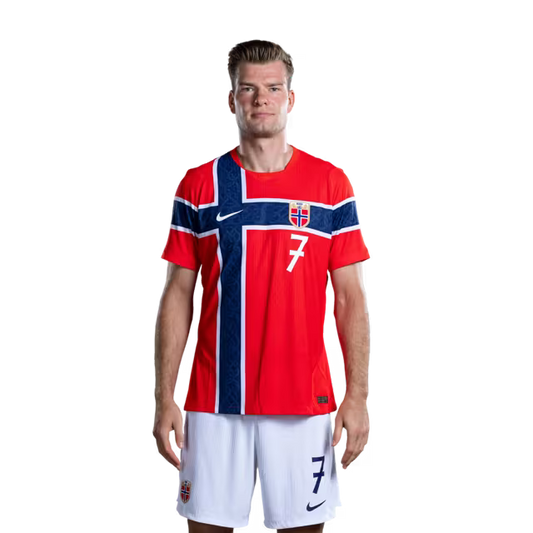 Norway National Football Team 2026 World Cup Jersey (Player Version/Match Version) — Forwards: No. 7 Alexander Sørloth, No. 9 Erling Haaland, No. 11 Jørgen Strand Larsen / Spisser: Nr. 7 Alexander SØRLOTH, nr. 9 Erling HAALAND, nr. 11 Jørgen STRAND LARSEN