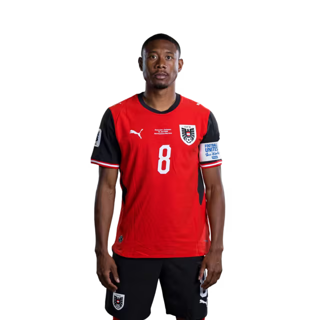 Österreichisches Nationalmannschaftstrikot für die WM 2026 (Spielerversion/Match-Version) – Abwehrspieler: Nr. 8 David Alaba, Nr. 15 Philipp Lienhart, Nr. 16 Phillip Mwene