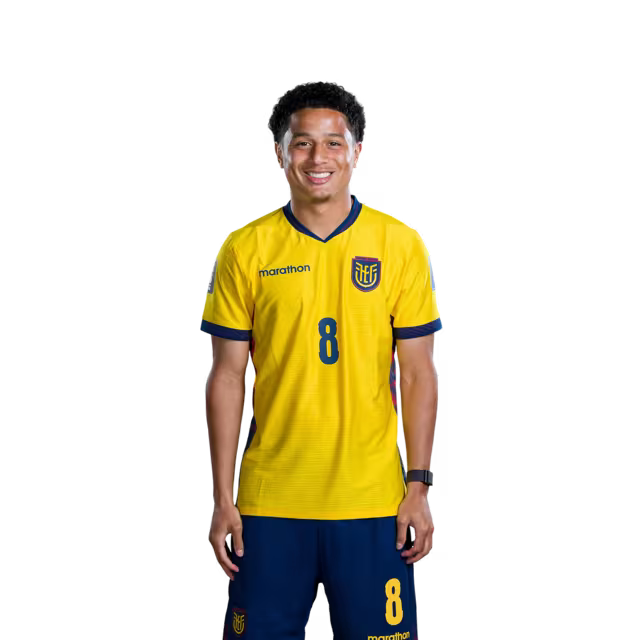 Camiseta de la Selección Nacional de Fútbol de Ecuador para el Mundial 2026 (Versión de jugador/Versión de partido) — Centrocampistas: N.° 5 Jordy ALCIVAR, N.° 8 Anthony VALENCIA, N.° 10 Kendry PAEZ