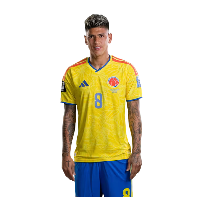 Camiseta de la Selección Nacional de Fútbol de Colombia para el Mundial 2026 (Versión jugador/Versión partido) — Centrocampistas: N.º 5 Kevin CASTAÑO, N.º 6 Richard RÍOS, N.º 8 Jorge CARRASCAL