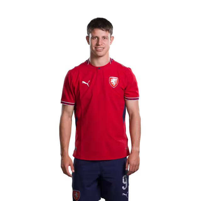 Dres české fotbalové reprezentace pro mistrovství světa 2026 (hráčská/zápasová verze) — Útočníci: č. 9 Adam HLOZEK, č. 10 Patrik Schick, č. 11 Jan KUCHTA
