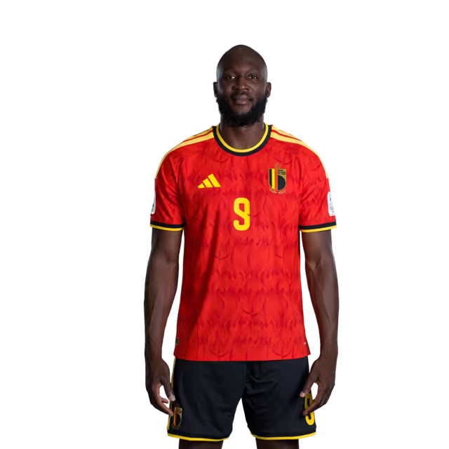 Belgisch nationaal voetbalelftal – WK 2026-shirt (spelersversie/wedstrijdversie) — Aanvallers: nr. 9 Romelu Lukaku, nr. 10 Leandro Trossard, nr. 11 Jérémy Doku