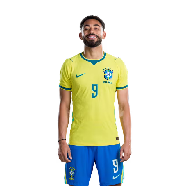 Camisa da Seleção Brasileira para a Copa do Mundo de 2026 (Versão Jogador/Versão de Jogo) — Atacantes: Nº 7 VINICIUS JUNIOR, Nº 9 MATHEUS CUNHA, Nº 10 NEYMAR JR
