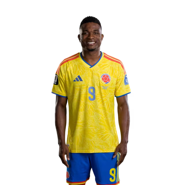 Camiseta de la Selección Nacional de Fútbol de Colombia para el Mundial 2026 (Versión jugador/Versión partido) — Delanteros: N.º 7 Luis Díaz, N.º 9 Jhon Córdoba, N.º 19 Cucho Hernández.